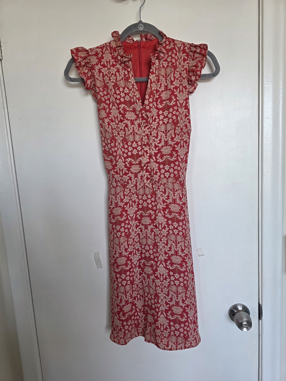 Vince Camuto Red and Cream Floral Ruffle Midi Dress